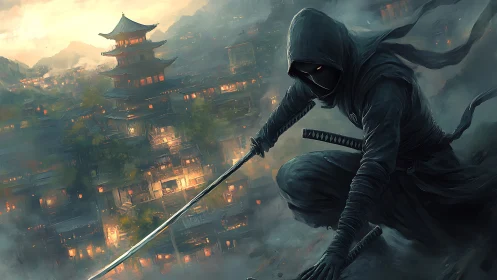 Hooded ninja overlooks lantern‑lit mountain city at dusk.