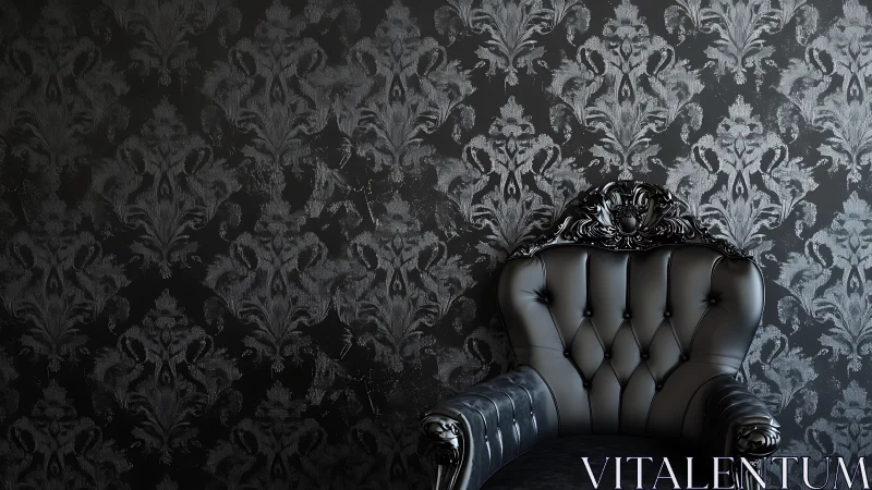 Baroque black leather armchair against dark damask wall.