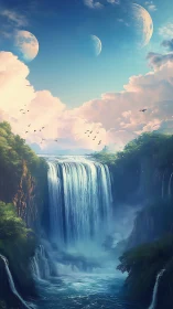 Surreal twin-moon waterfall under luminous pastel sky.