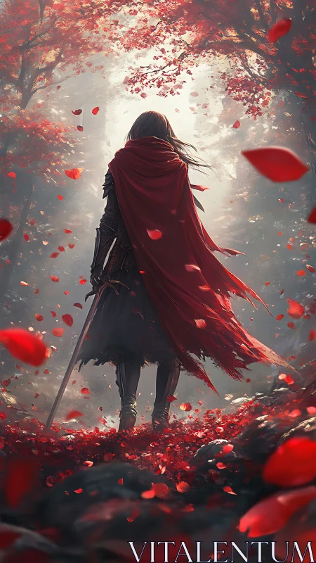 Lone swordbearer in crimson cloak striding autumn grove.