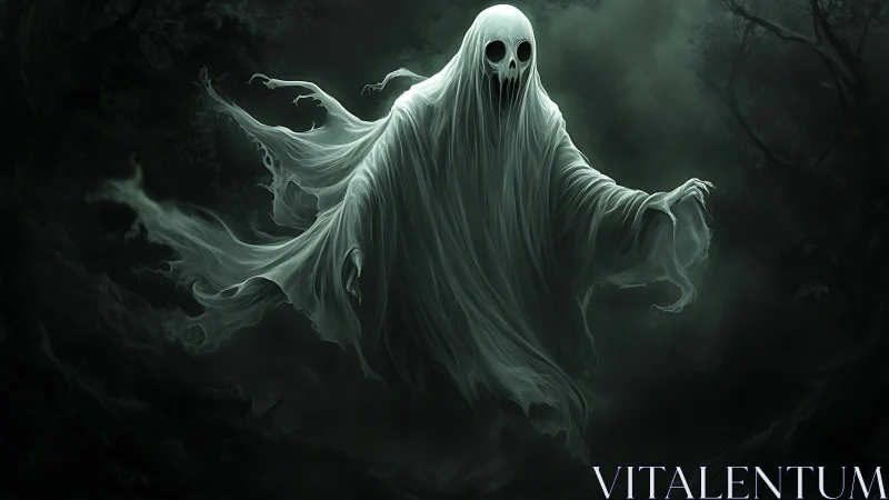 Spectral wraith with skull mask drifts through volumetric forest fog