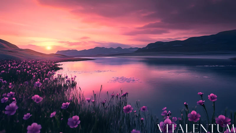 Twilight blossoms along a mirrored lake horizon at dusk.