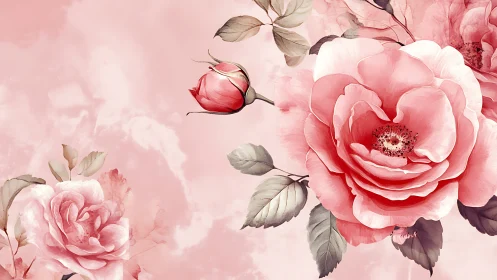 Pink Peonies and Rosebuds on Soft Watercolor Background.