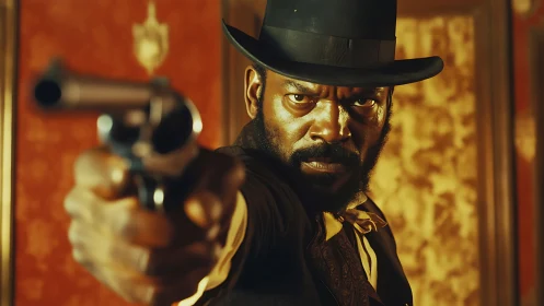 Grit-eyed gunslinger aims justice through molten lamplight.