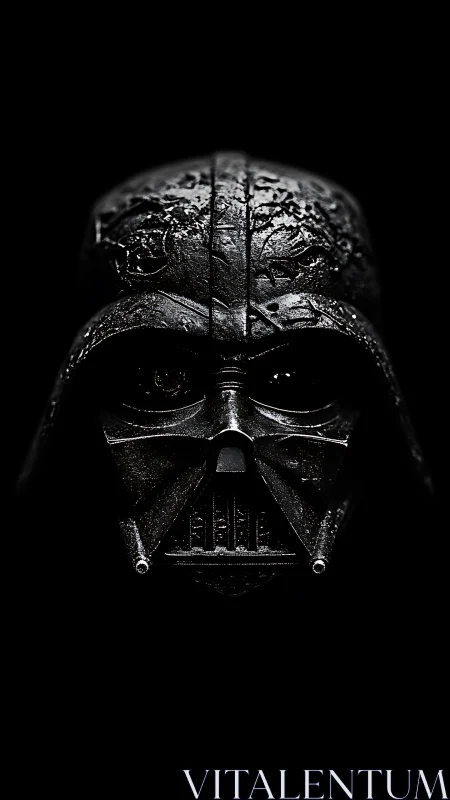 Worn black sci fi helmet frontal view on dark background.