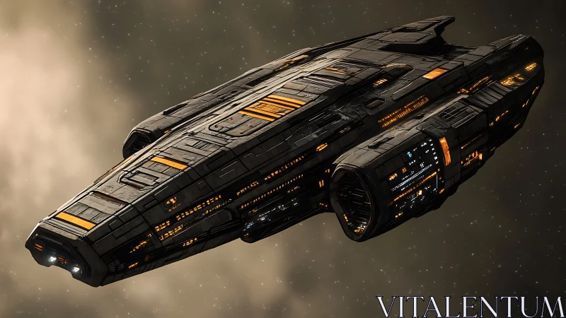 Starlit cruiser glides calmly through deep golden space