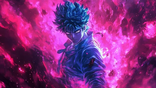 Blue-haired anime warrior commands swirling neon flames