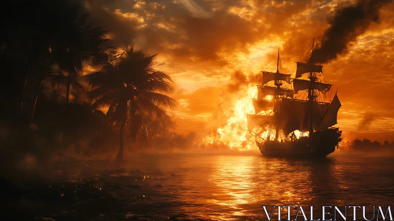 Pirate Ship Ablaze at Golden Hour with Tropical Coastline