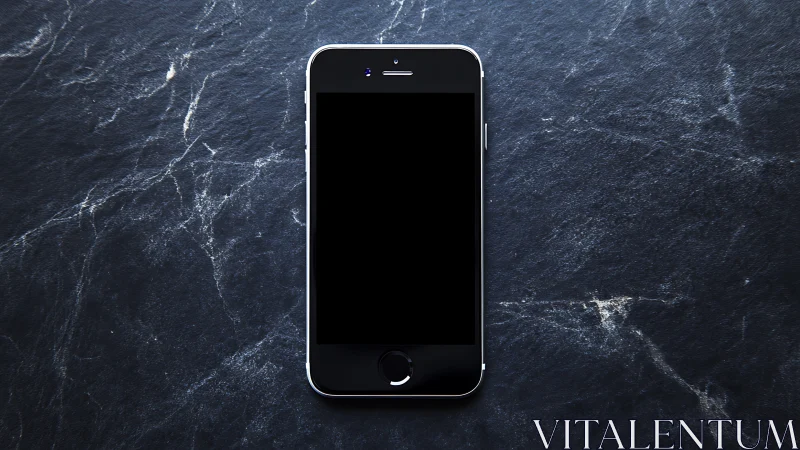 Minimalist smartphone specimen against dark crystalline surface texture.
