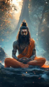 Meditating ascetic in orange robes within misty forest setting.