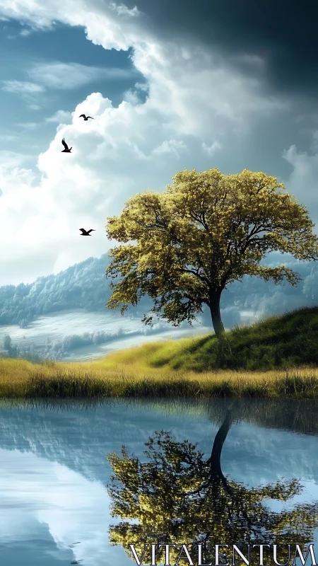 Solitary lakeside tree mirrored on calm reflective water.