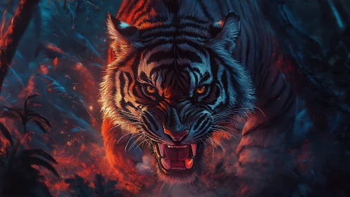 Fierce tiger charges through burning jungle at night