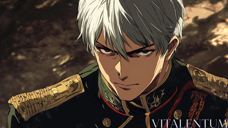 Steel-eyed commander in gilded uniform holding silent resolve.