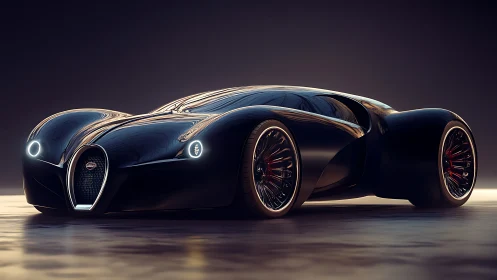 Midnight halo hypercar gliding through liquid neon dusk.