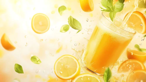Glass of orange juice surrounded by citrus slices and mint leaves