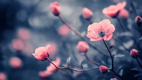 Pink Anemone Flowers in Soft Focus Garden Study.