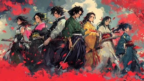 Samurai warriors stand beneath crimson petals in formation