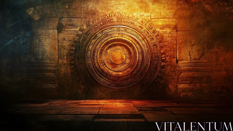 Ancient sun disk carved into glowing temple wall.