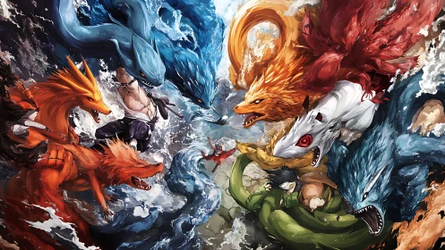 Elemental tailed beasts collide in swirling ocean vortex.