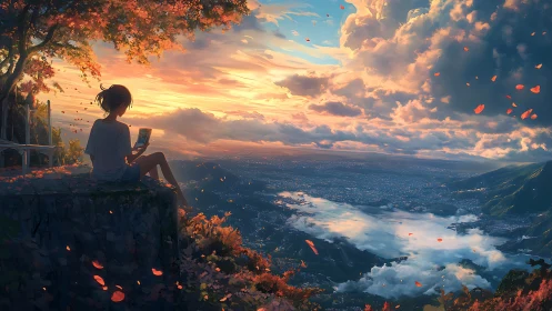 Silhouetted figure reads above valley at structured sunset