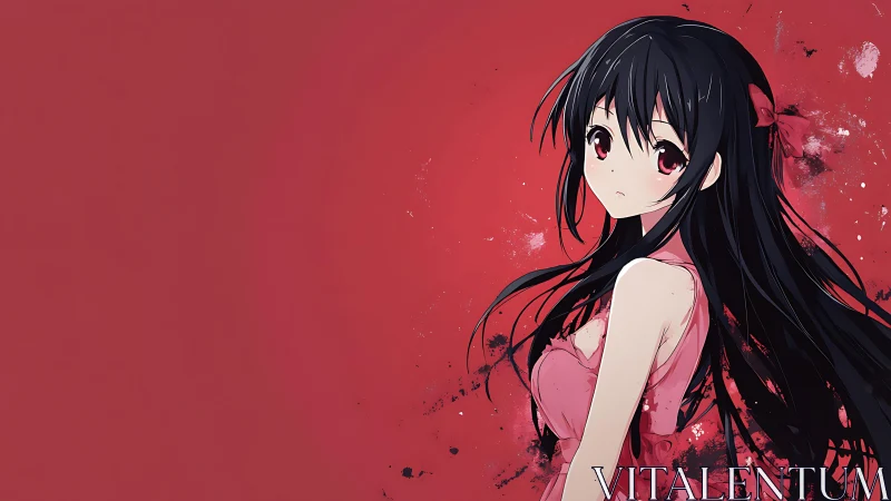 Soft gaze in crimson: quiet anime portrait in motion.