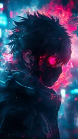 Cybernetic masked figure framed by neon bokeh and plasma flame