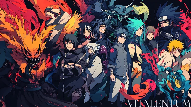 Dynamic anime ensemble uniting heroes, villains and spectral beasts