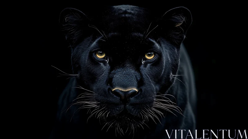 Black Panther Portrait with Luminous Amber Eyes Against Darkness.