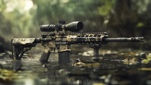 Rain-soaked tactical rifle rests quietly in a shallow stream