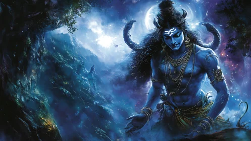 Divine blue deity amid luminous cosmic mountain night.