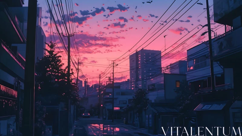 Twilight city backstreet under neon pink electric skies.