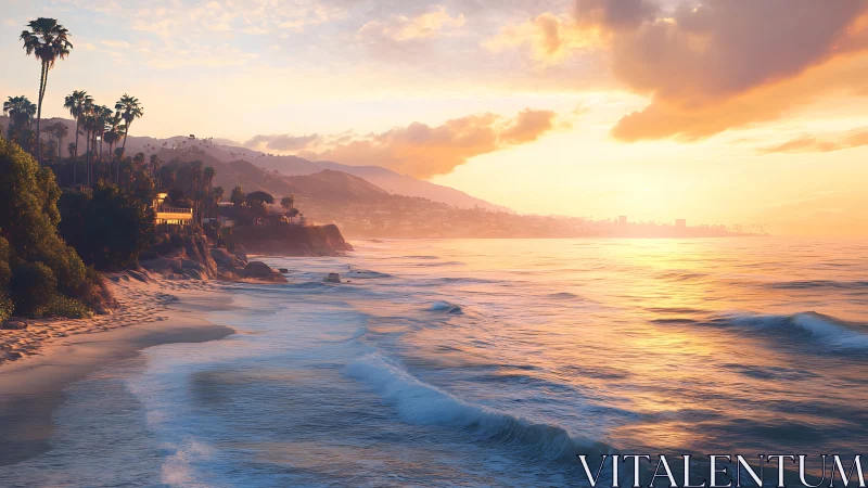 Golden coastal sunset washing the shore in soft light.