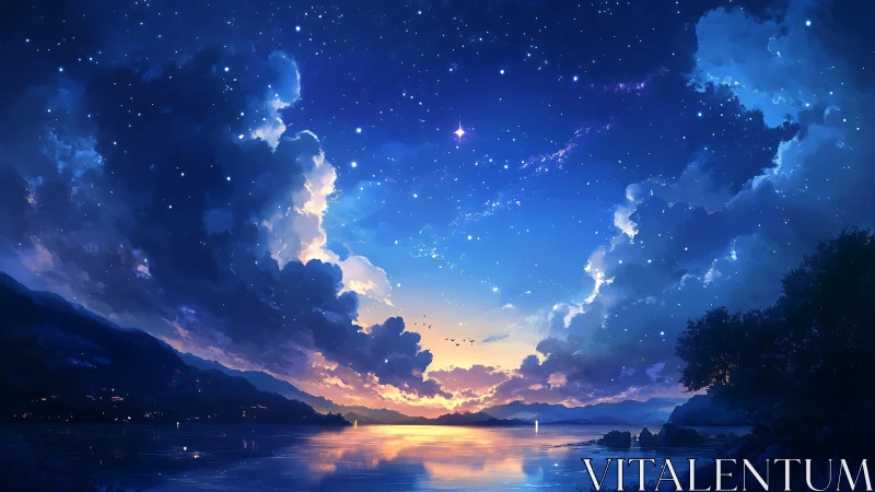 Twilight sky stitches sunset and starlight above quiet water