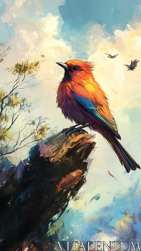 Vibrant orange songbird on painterly cliff at sunrise.