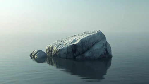 Isolated rock formation partially submerged in still water.