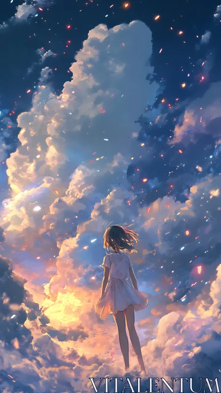 Backlit girl levitates amid volumetric clouds and glowing particles
