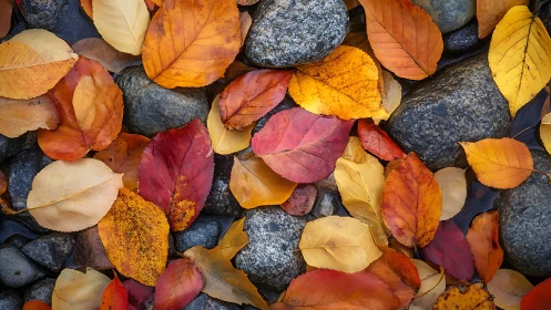 Chromatic autumn leaf matrix over wet river stones.
