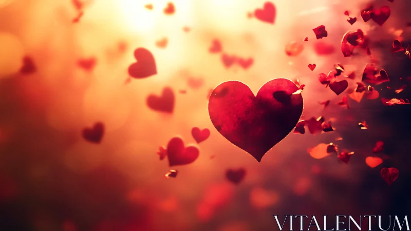 Red hearts cascade through golden gradient backdrop.