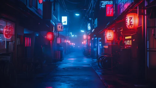 Lantern lit alley glowing in misty neon midnight calm.