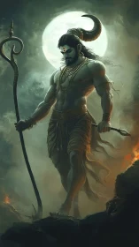 Mythic horned warrior under full moon with trident staff.