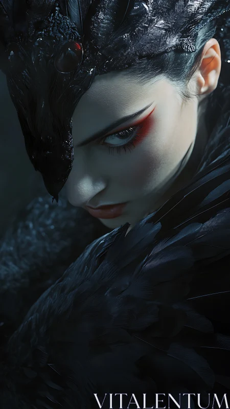 Dark avian sorceress in sculpted black feather armor.