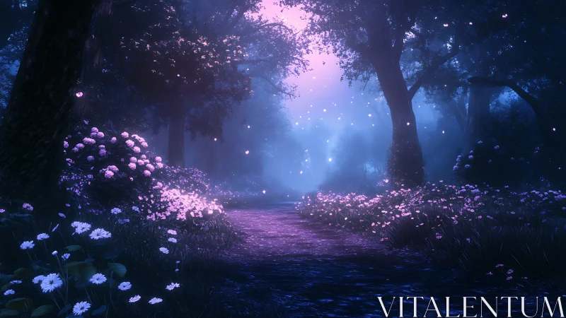 Luminescent pathway glows through twilight forest.