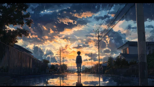 Sunset rain paints a quiet street where a young dreamer waits