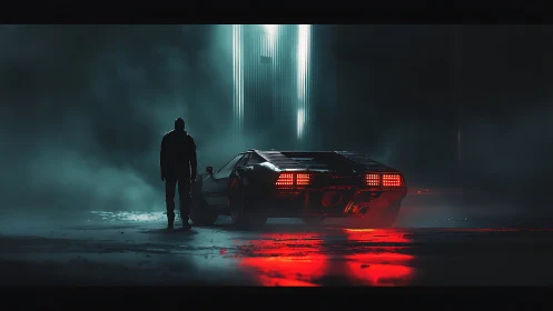 Lone driver confronts neon haze beside retro cyber car.