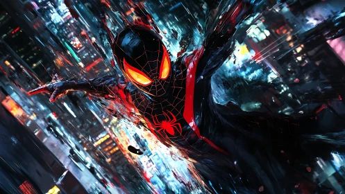 Masked hero dives through neon cityscape with liquid motion