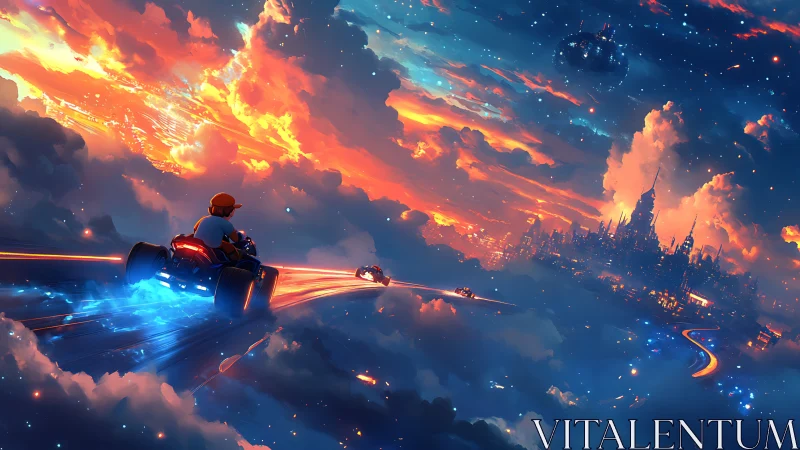 Futuristic sky roadway with hover vehicles above lit city.