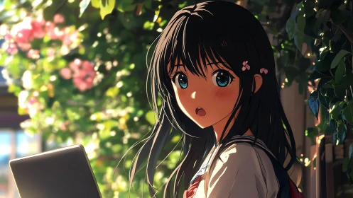 Sunlit garden surprise with a shy anime schoolgirl moment.