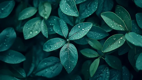 Teal foliage macro with raindrops on glossy oval leaves.