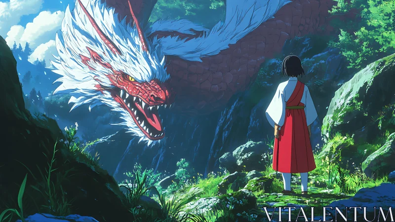 Girl confronting red dragon in lush forest valley scene.