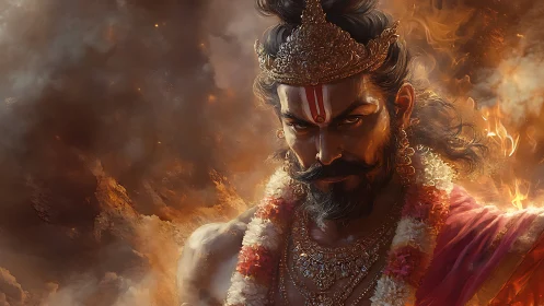 Digital rendering depicts a garlanded warrior amid dense flames